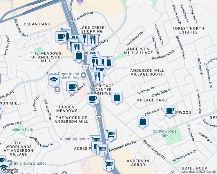 map of restaurants, bars, coffee shops, grocery stores, and more near 12707 Pond Woods Road in Austin