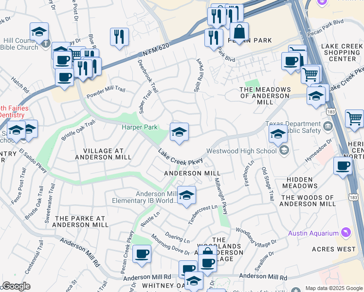 map of restaurants, bars, coffee shops, grocery stores, and more near 10805 School House Lane in Austin