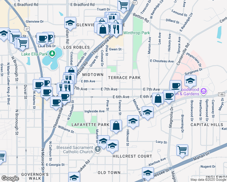 map of restaurants, bars, coffee shops, grocery stores, and more near 1340 Terrace Street in Tallahassee
