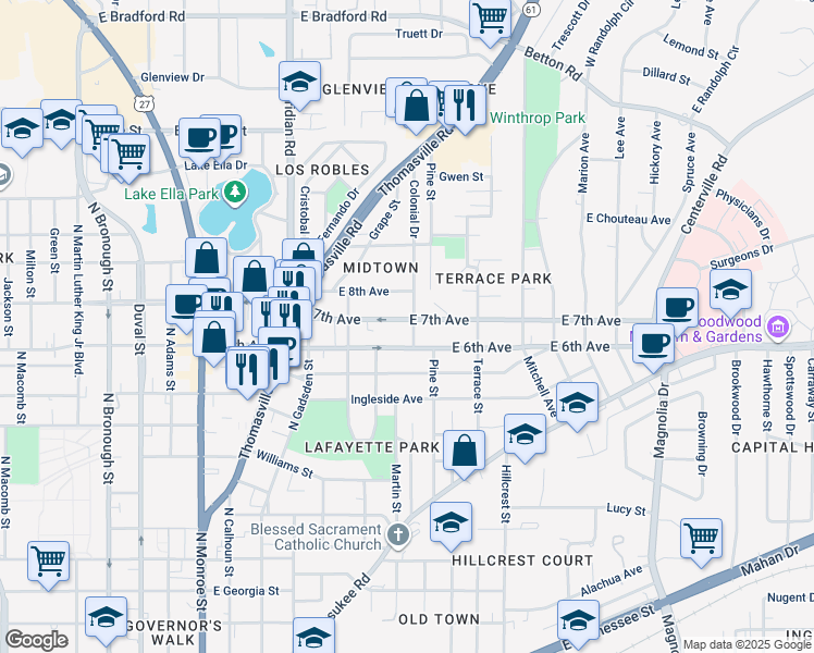 map of restaurants, bars, coffee shops, grocery stores, and more near 540 East 7th Avenue in Tallahassee