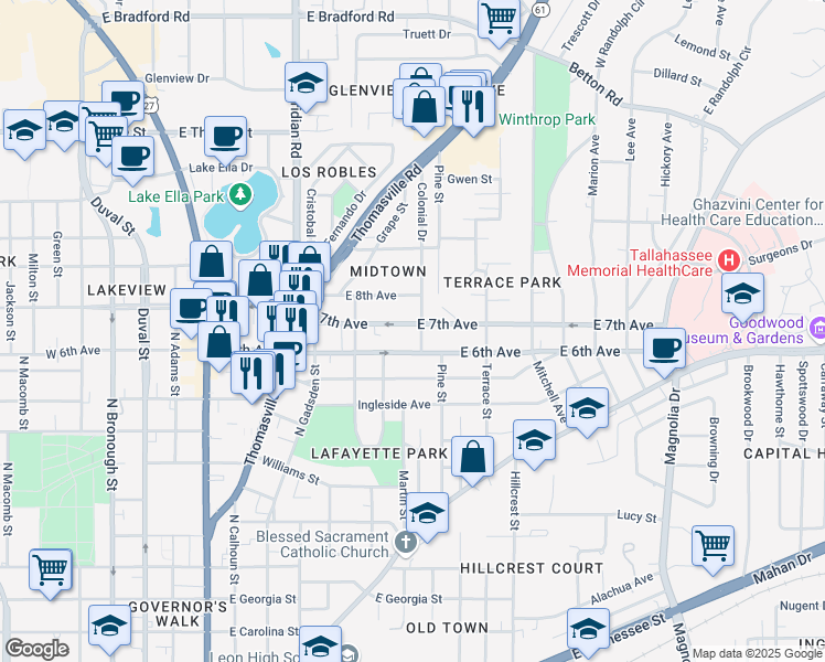 map of restaurants, bars, coffee shops, grocery stores, and more near 540 East 7th Avenue in Tallahassee