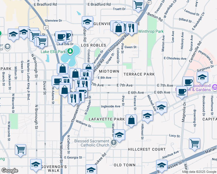 map of restaurants, bars, coffee shops, grocery stores, and more near 540 East 7th Avenue in Tallahassee