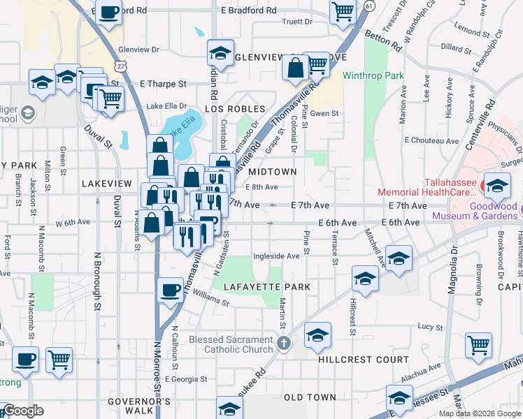 map of restaurants, bars, coffee shops, grocery stores, and more near 510 East 7th Avenue in Tallahassee