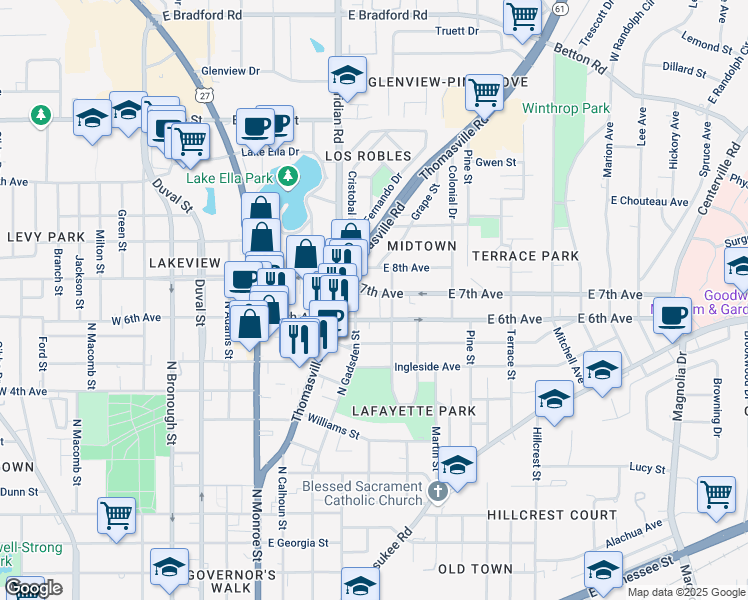 map of restaurants, bars, coffee shops, grocery stores, and more near 414 East 7th Avenue in Tallahassee