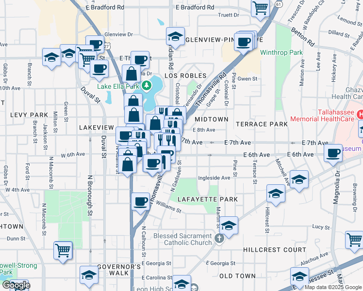 map of restaurants, bars, coffee shops, grocery stores, and more near 414 East 7th Avenue in Tallahassee