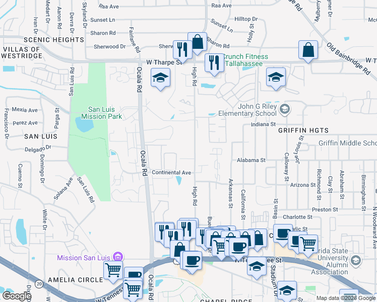 map of restaurants, bars, coffee shops, grocery stores, and more near 1272 High Road in Tallahassee