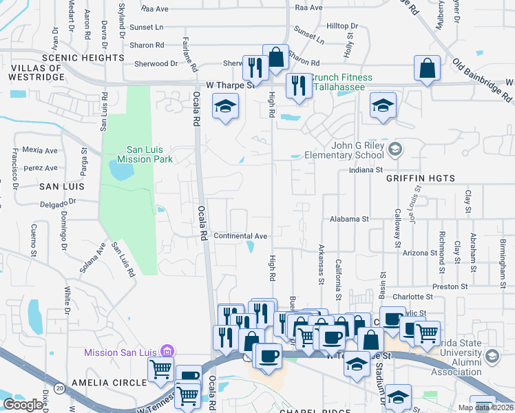 map of restaurants, bars, coffee shops, grocery stores, and more near 1296 High Road in Tallahassee