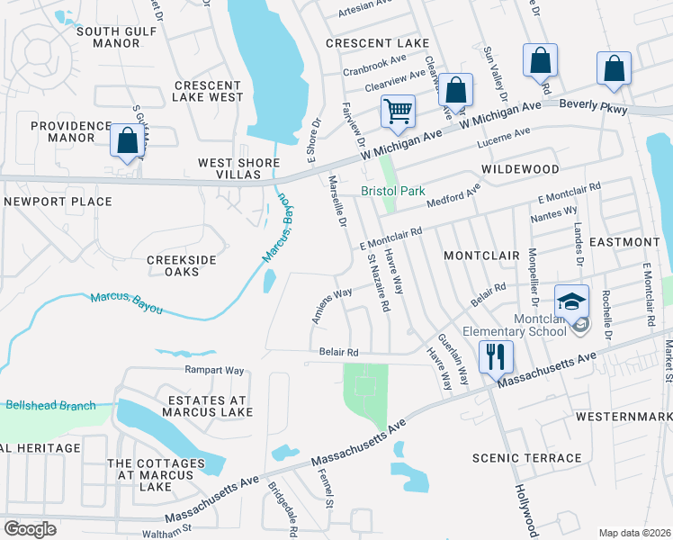 map of restaurants, bars, coffee shops, grocery stores, and more near 4545 Marseille Drive in Pensacola