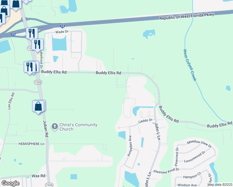 map of restaurants, bars, coffee shops, grocery stores, and more near 10356 Sherrie Lane in Denham Springs
