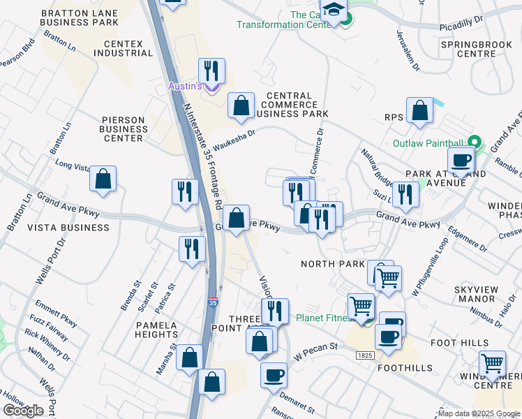 map of restaurants, bars, coffee shops, grocery stores, and more near 1720 Grand Avenue Parkway in Pflugerville