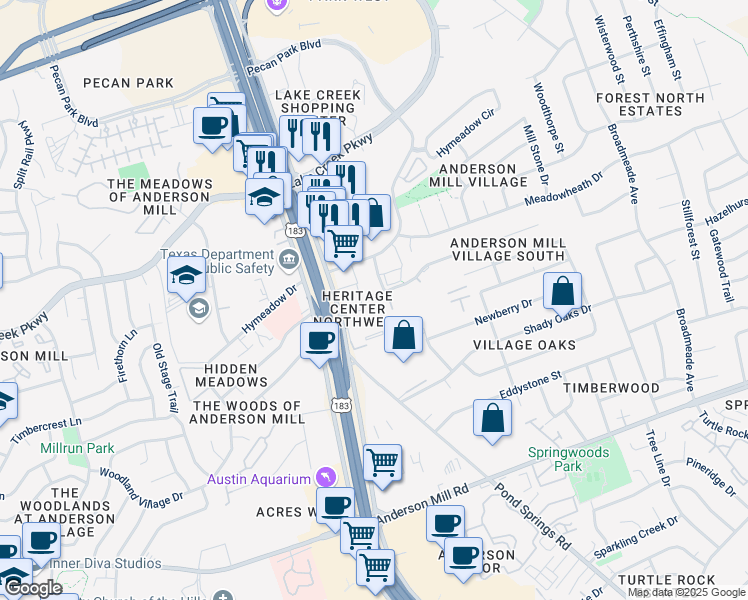 map of restaurants, bars, coffee shops, grocery stores, and more near 12707 Pond Woods Road in Austin