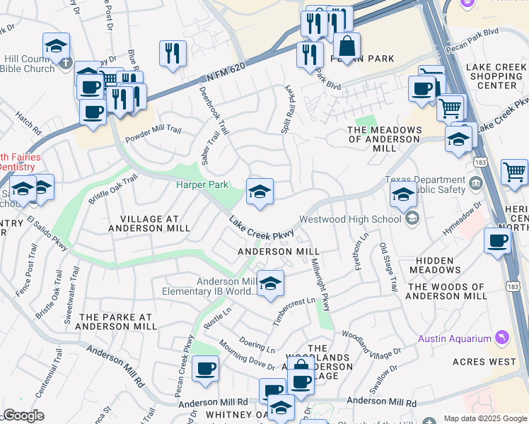 map of restaurants, bars, coffee shops, grocery stores, and more near 10802 School House Lane in Austin