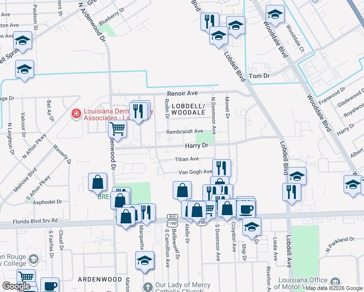 map of restaurants, bars, coffee shops, grocery stores, and more near 6750 Harry Drive in Baton Rouge