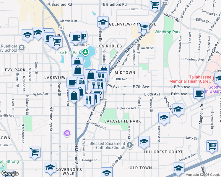 map of restaurants, bars, coffee shops, grocery stores, and more near 414 East 7th Avenue in Tallahassee