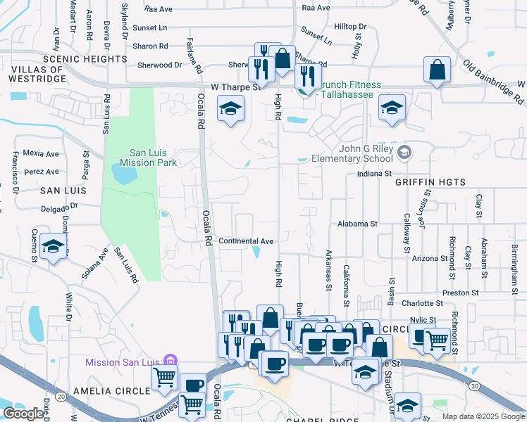 map of restaurants, bars, coffee shops, grocery stores, and more near 1296 High Road in Tallahassee