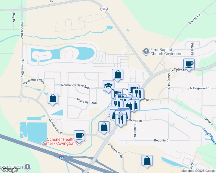 map of restaurants, bars, coffee shops, grocery stores, and more near 220 Greenbrier Boulevard in Covington