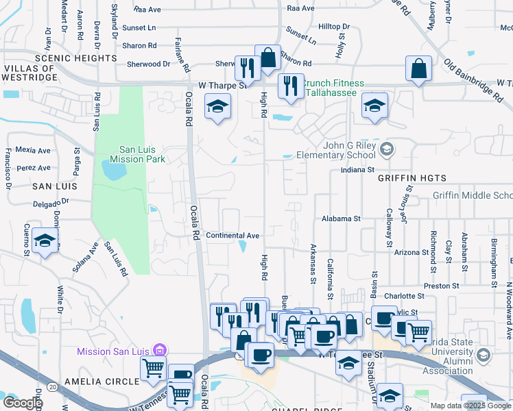 map of restaurants, bars, coffee shops, grocery stores, and more near 1272 High Road in Tallahassee