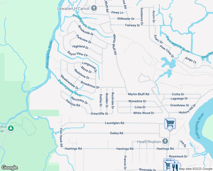map of restaurants, bars, coffee shops, grocery stores, and more near 1916 Broadmoor Dr in Gautier