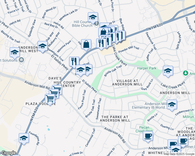 map of restaurants, bars, coffee shops, grocery stores, and more near 11500 El Salido Parkway in Austin