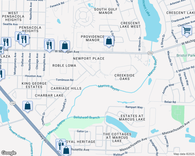 map of restaurants, bars, coffee shops, grocery stores, and more near 5566 Esperanto Drive in Pensacola