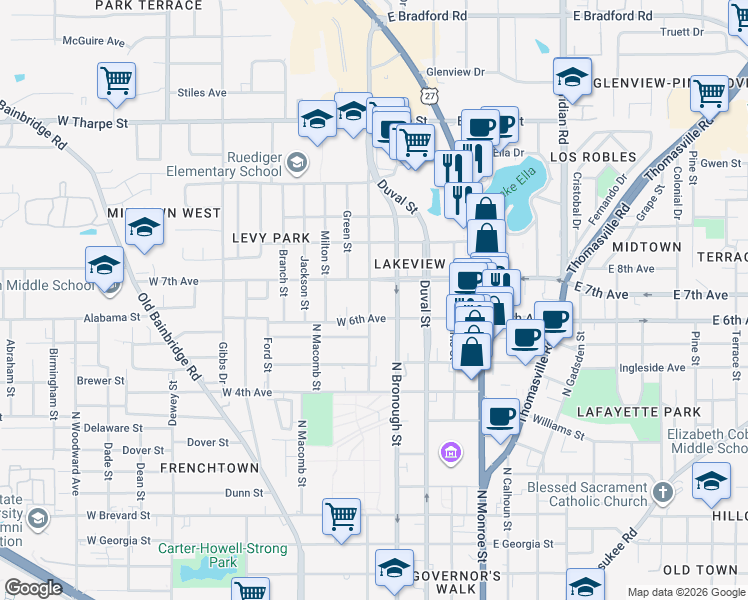 map of restaurants, bars, coffee shops, grocery stores, and more near 319 West 7th Avenue in Tallahassee