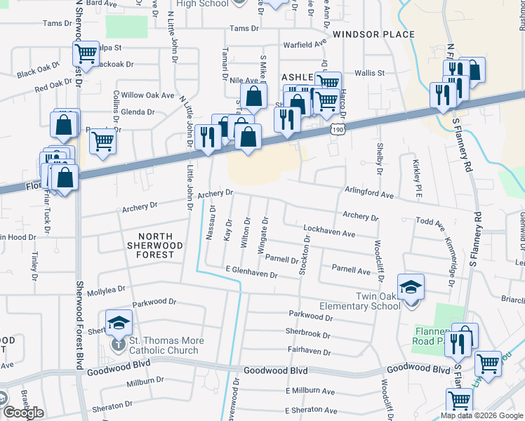 map of restaurants, bars, coffee shops, grocery stores, and more near 12286 Archery Drive in Baton Rouge