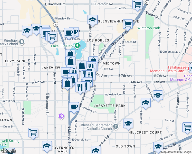 map of restaurants, bars, coffee shops, grocery stores, and more near 409 East 7th Avenue in Tallahassee