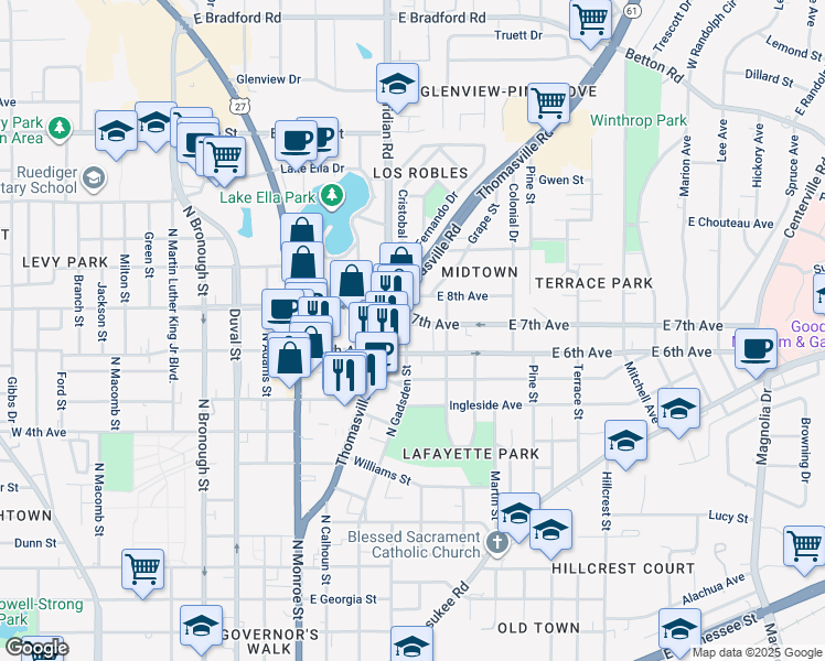 map of restaurants, bars, coffee shops, grocery stores, and more near 414 East 7th Avenue in Tallahassee