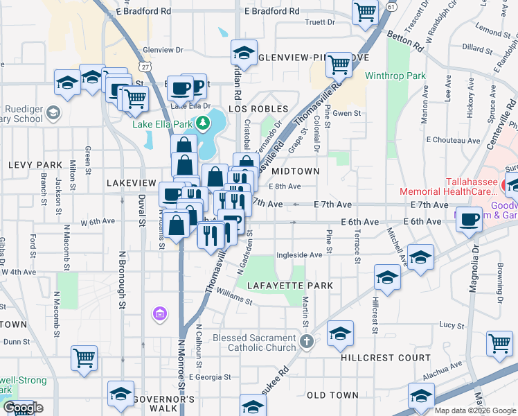 map of restaurants, bars, coffee shops, grocery stores, and more near 414 East 7th Avenue in Tallahassee