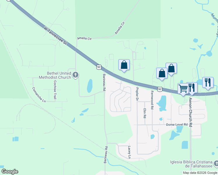 map of restaurants, bars, coffee shops, grocery stores, and more near Horizon Court in Tallahassee