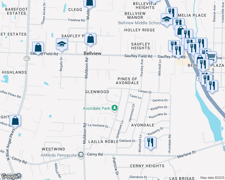 map of restaurants, bars, coffee shops, grocery stores, and more near 4851 Lanett Drive in Pensacola