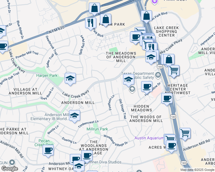 map of restaurants, bars, coffee shops, grocery stores, and more near 12315 Double Tree Lane in Austin