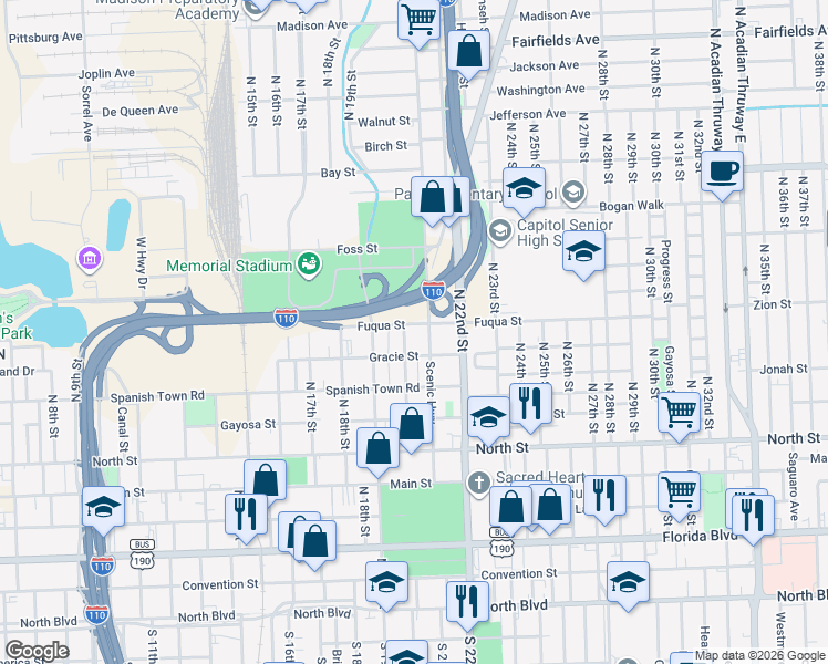 map of restaurants, bars, coffee shops, grocery stores, and more near 963 North 20th Street in Baton Rouge