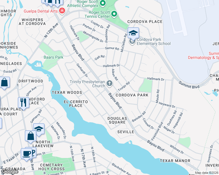 map of restaurants, bars, coffee shops, grocery stores, and more near 3400 Bayou Boulevard in Pensacola