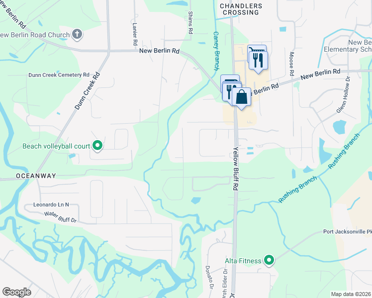 map of restaurants, bars, coffee shops, grocery stores, and more near 12254 Captiva Bluff Road in Jacksonville