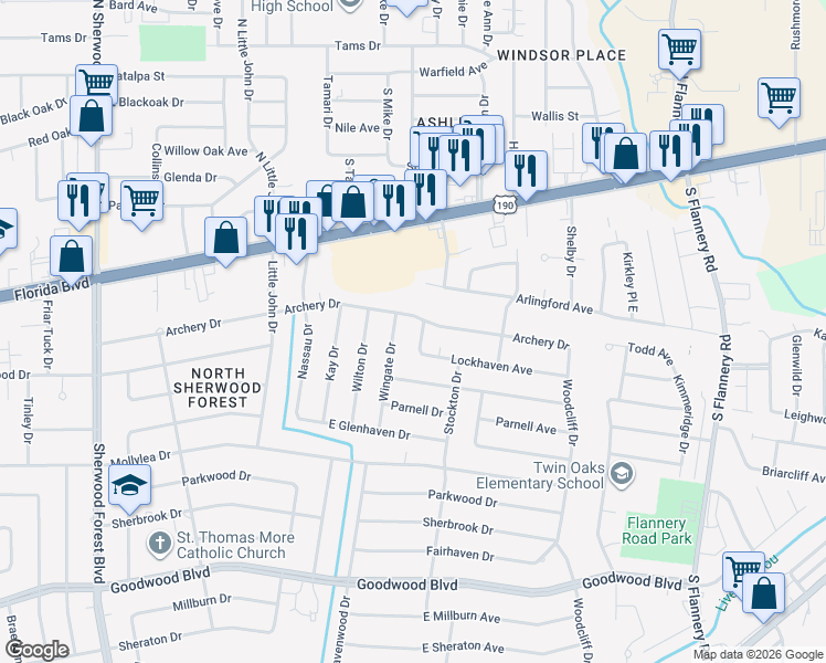 map of restaurants, bars, coffee shops, grocery stores, and more near 12433 Archery Drive in Baton Rouge