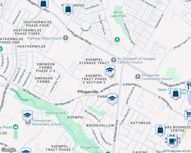 map of restaurants, bars, coffee shops, grocery stores, and more near 1106 Fox Sparrow Cove in Pflugerville