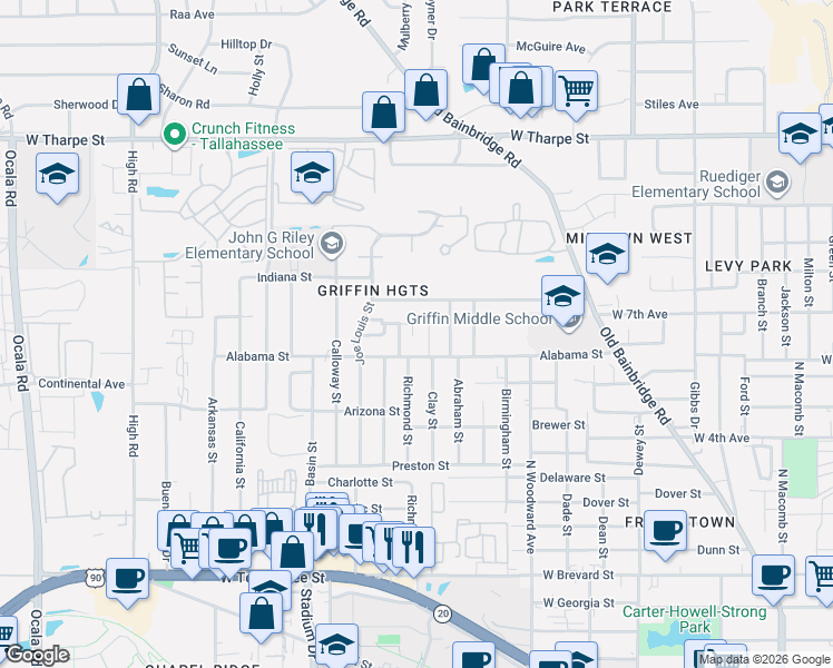 map of restaurants, bars, coffee shops, grocery stores, and more near 1306 Idaho Street in Tallahassee