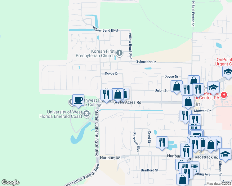 map of restaurants, bars, coffee shops, grocery stores, and more near 706 North Park Boulevard in Fort Walton Beach