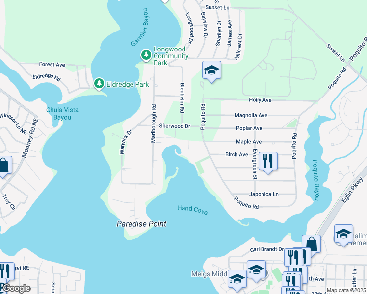 map of restaurants, bars, coffee shops, grocery stores, and more near 112 Lisa Marie Place in Shalimar