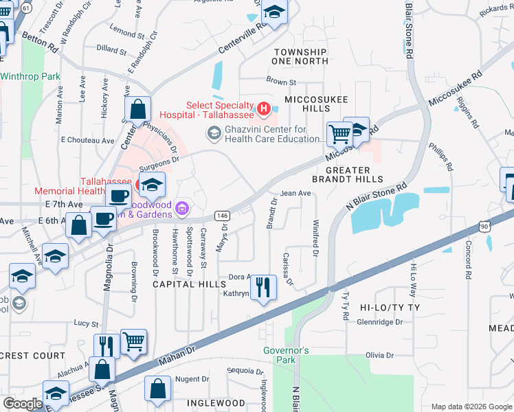 map of restaurants, bars, coffee shops, grocery stores, and more near in Tallahassee