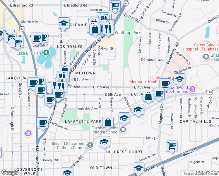 map of restaurants, bars, coffee shops, grocery stores, and more near 1340 Terrace Street in Tallahassee
