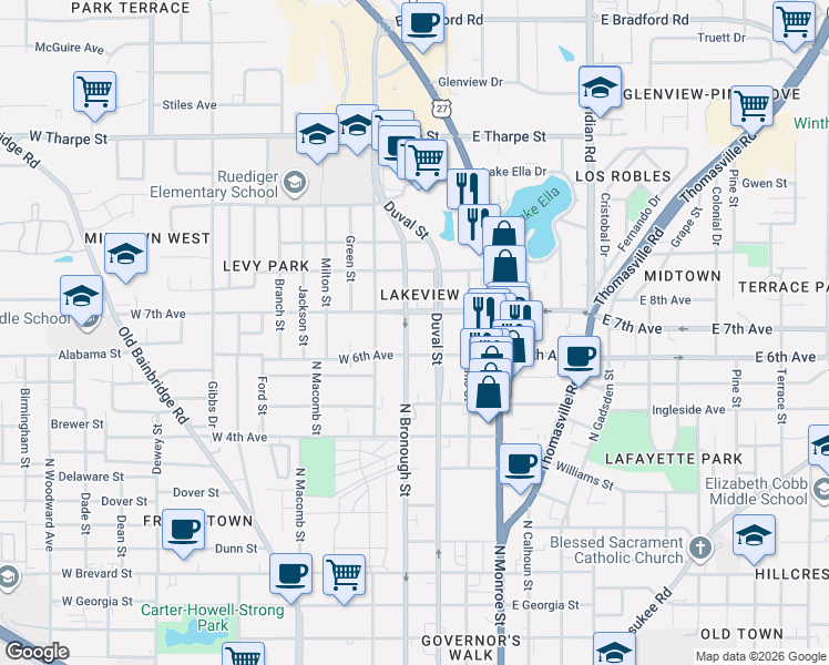map of restaurants, bars, coffee shops, grocery stores, and more near 1332 North Duval Street in Tallahassee