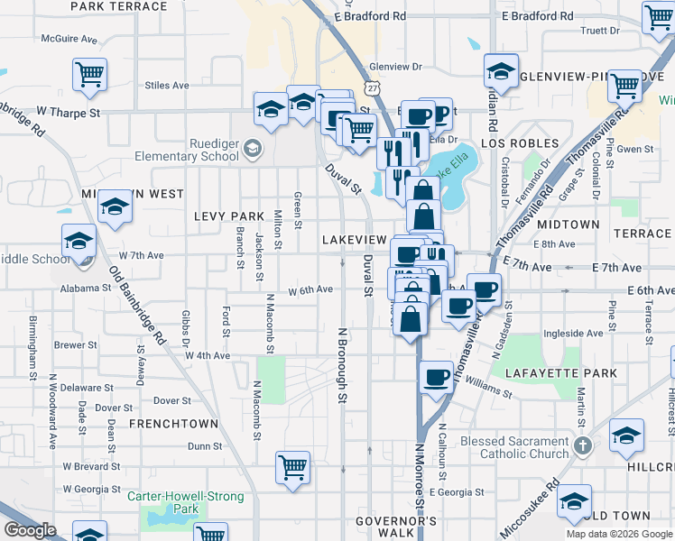 map of restaurants, bars, coffee shops, grocery stores, and more near 319 West 7th Avenue in Tallahassee