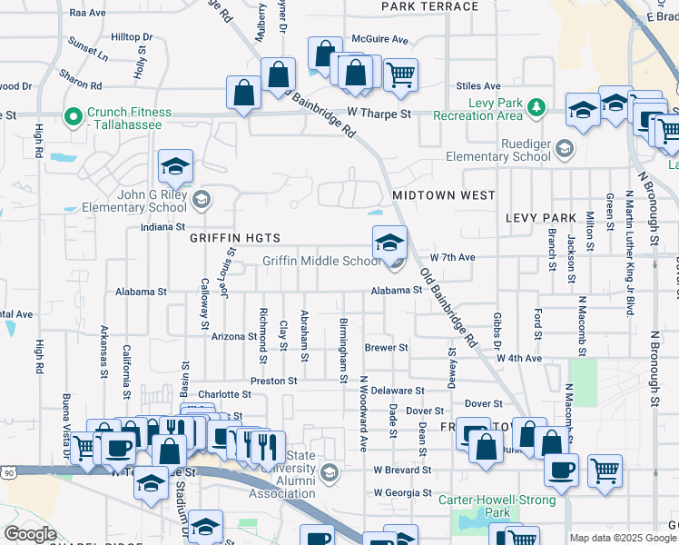 map of restaurants, bars, coffee shops, grocery stores, and more near 1329 Abraham Street in Tallahassee