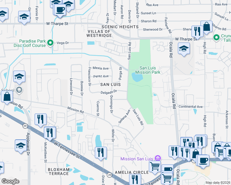 map of restaurants, bars, coffee shops, grocery stores, and more near 2308 Delgado Drive in Tallahassee
