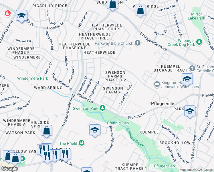 map of restaurants, bars, coffee shops, grocery stores, and more near 1208 Canyon Maple Road in Pflugerville