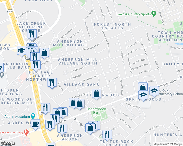 map of restaurants, bars, coffee shops, grocery stores, and more near 9404 Newberry Drive in Austin