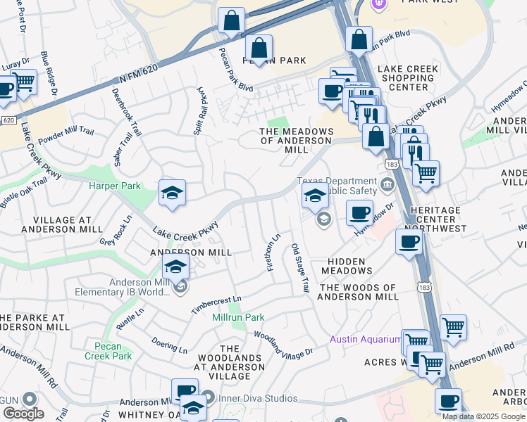 map of restaurants, bars, coffee shops, grocery stores, and more near 12315 Double Tree Lane in Austin