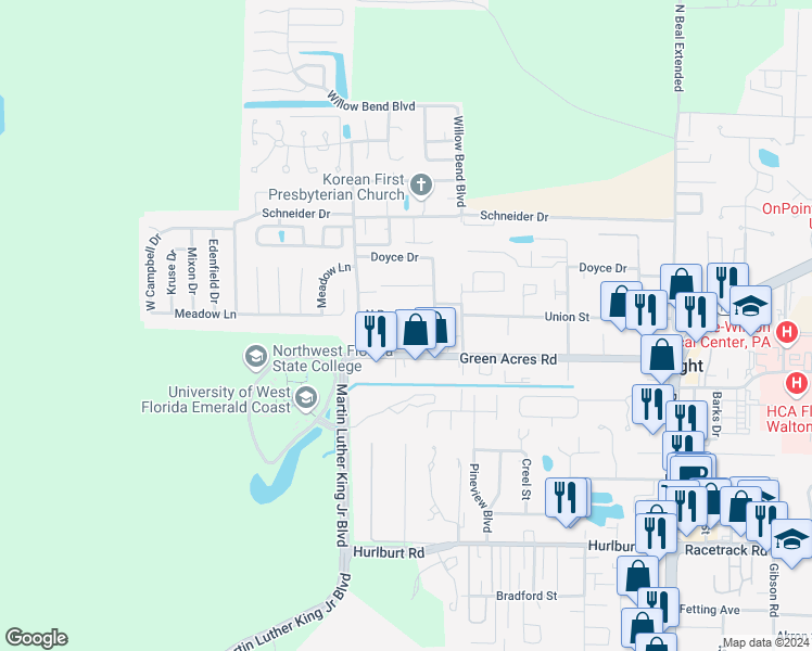 map of restaurants, bars, coffee shops, grocery stores, and more near 706 North Park Boulevard in Fort Walton Beach